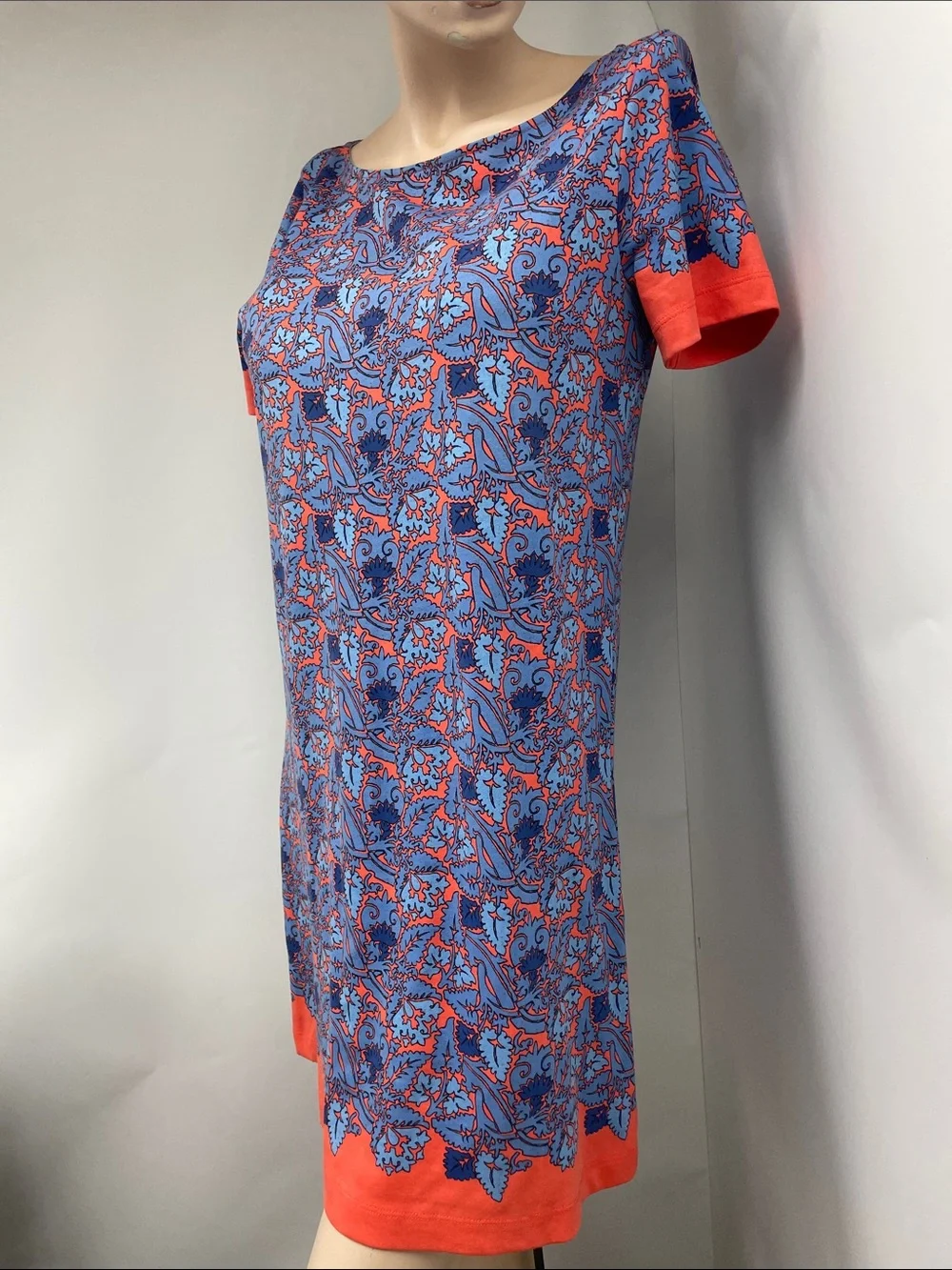 Tory Burch Blue and Coral Paisley Short Sleeve Shift Dress, Size M